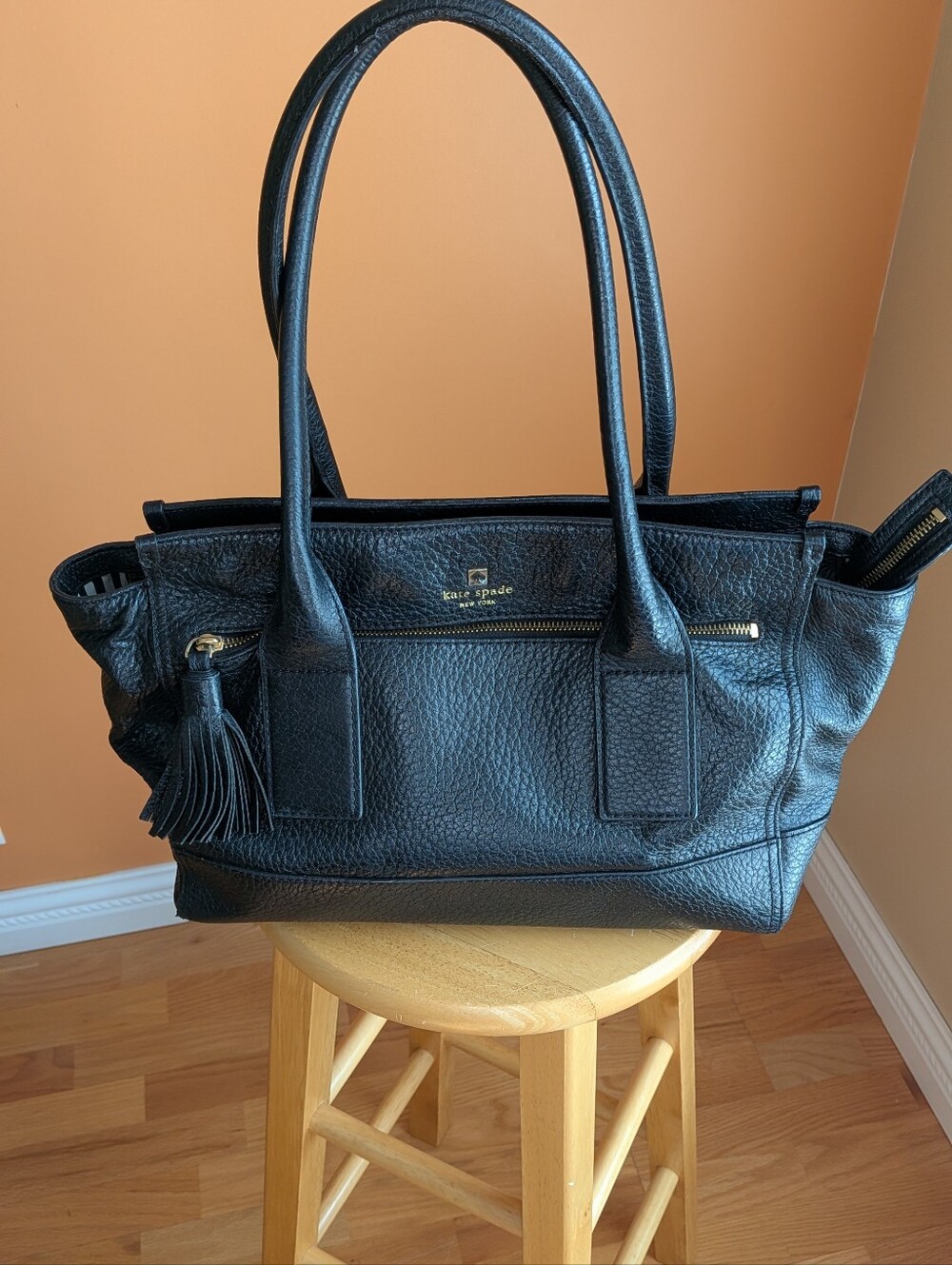 Kate Spade Black Leather Tote Bag with Tassel